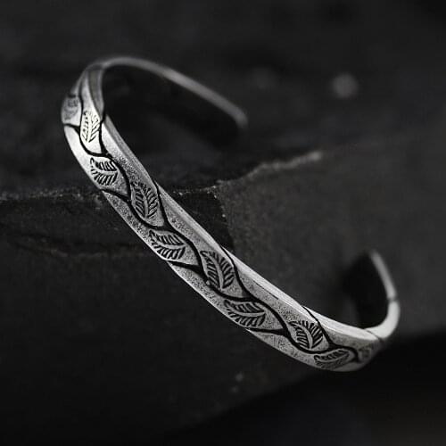 Old silvery retro SilveryLeaf Black Punk Viking Bracelet new design open Bracelet mens jewelry