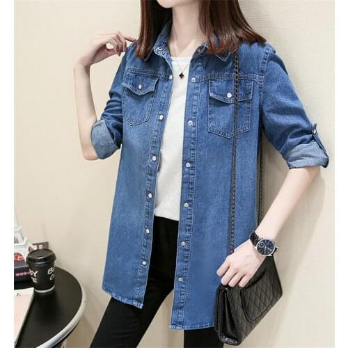 2018 New Spring Big Size Midi-Long Jeans Jacket Women Denim Jackets Slim Girl Blue Coats Autumn Lady Basic Coat Feminino WZ357