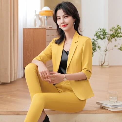 Novelty Yellow Formal Uniform Designs Women Business Suits Half Sleeve Spring Summer Office Ladies Work Wear Blazers Set