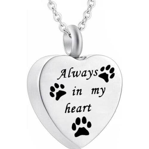 Always in my Heart Pet Paw Heart Cremation Jewelry for Ashes Keepsake Urn Necklace with Fill Kit and Gift Bag