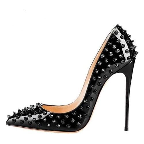 Luxury Designer Rivets black patent leather heel woman spike Pointy Toe Party Stiletto Shoes
