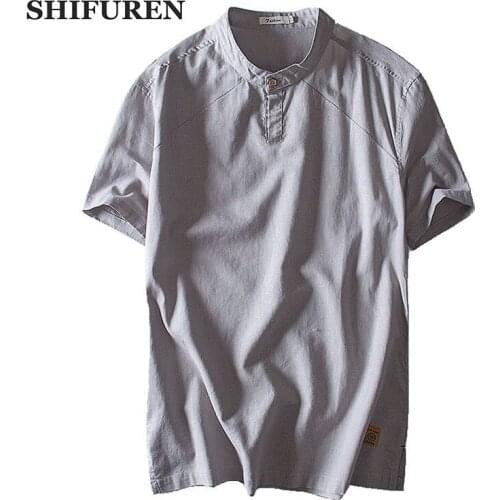 SHIFUREN 2018 Summer Causal Shirts Men Short Sleeve Loose Thin Breathable Cotton Linen Shirts Tops Stand Collar Asian Size M-3XL