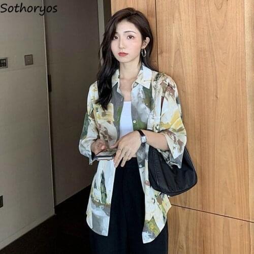 Women Short Sleeve Shirts Print Vintage Fashionable Loose Casual Teenager Chic Streetwear Harajuku Japan Style Blouses Aesthetic