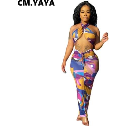 CM.YAYA Women Set Print Sleeveless Halter Crop Tops Shirring Strechy Slim Long Skirts Two 2 Piece Set Sexy Fashion Outfit Summer
