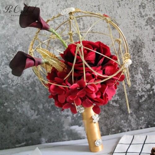PEORCHID 2020 Chinese Style Wedding flowers Bridal Bouquets Red Rose Artificial Luxury Gold Architecture Bride Broach Bouquet