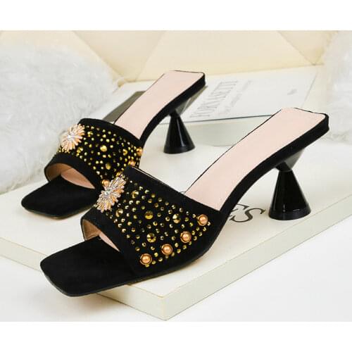 Nightclub Sexy Rhinestone Women Slippers Fashion Open Toe High Heels 6cm Party Shoes Platform Summer Rivet Pearl Female Sandals