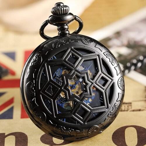 Vintage Steampunk Geometric Patterns Hollow Mechanical Pocket Watch Necklace Retro Fob Chain Clock Pendant Men Women Gift