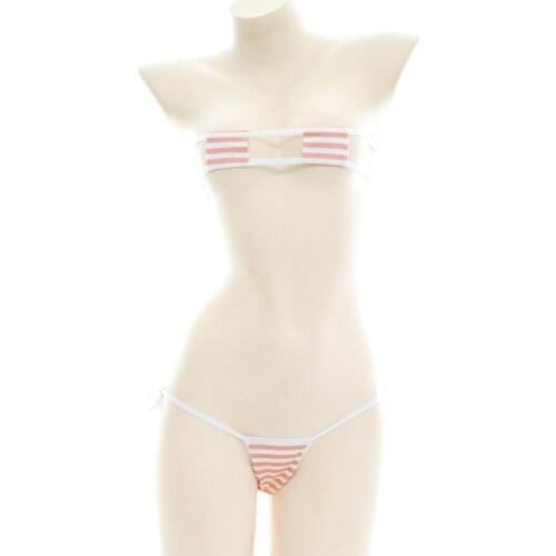 Japanese Sexy Lingerie Lolita Kawaii Blue Pink White Striped Mini Bikini Adult Cosplay Erotic Costumes Bra Women Underwear Set