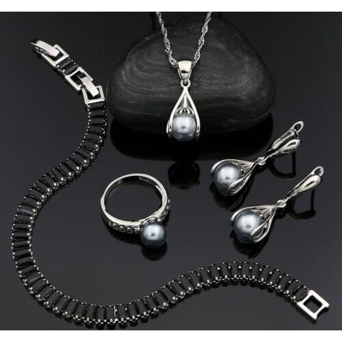 925 Silver Punk Jewelry Sets Grey Pearl Beads for Women Drop Earrings Pendant Necklace Bracelet Ring