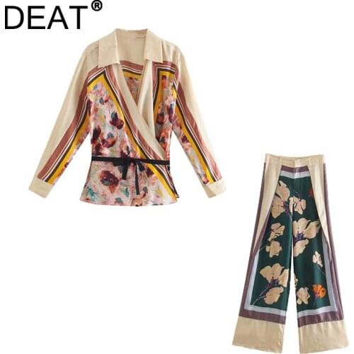 DEAT 2021 Autumn New Fashion Long Sleeve Turn-down Collar Printing Shirt High Waist Wide Leg Pants Women Two-piece Sets 13Z1271