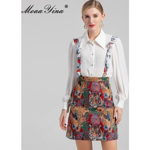 MoaaYina Fashion Runway Autumn Skirts Set Women Long Sleeve Single breasted Shirts and Vintage Print Skirt Two Piece Suits