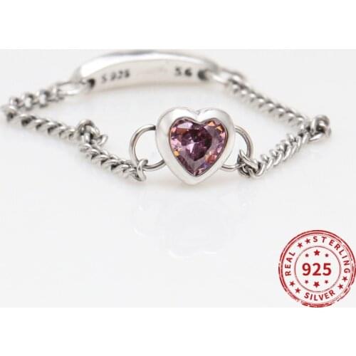 Real 925 Sterling Silver Pan logo Pink Heart Crystal Ring For Women Wedding Party Gift Jewelry 2021