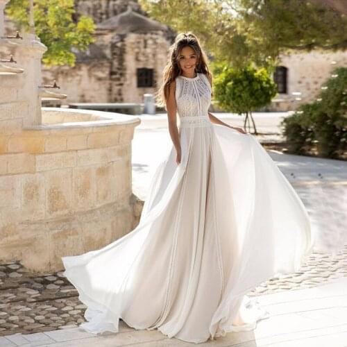 Hot sale Lace Boho Bride Dress Sexy Back Wedding Gown A-Line O-Neck Embroidery Sleeveless Backless