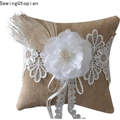 15cm 20cm Burlap Hessian Rustic Wedding Ring Pillow Cushion Ring Bearer Lace Flower for Wedding Ceremony Wedding Supplies