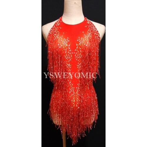 2 color Red Purple Big Stretch Party Prom Bar Outfit Stage Female Singer Show Romper Tassel Stage Bodysuit for Women