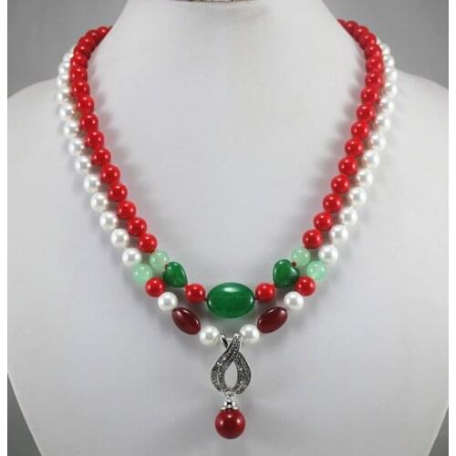 2 rows factory price fancy design 8mm white shell pearl mixed jades & stone necklace+14mm red pearl pendant