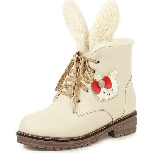 Girls Lolita Sweet Boots With Cute Rabbit Ear Pu Leather Lace Up Students Winter Warm Inner Shoes College Style Cosplay Party