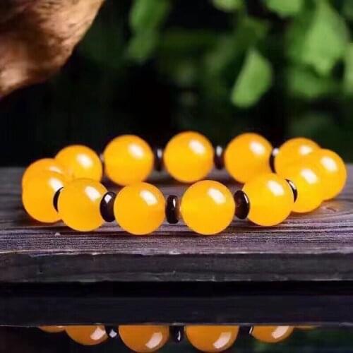 Natural chalcedony yellow agate handcarved round beads bracelets beads for couples woman men beads bracelet with jade bracelet