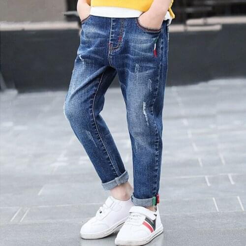 2018 children autumn casual jeans pants Kids boys fashion embroidery color label distressed denim Pants 4-10 years