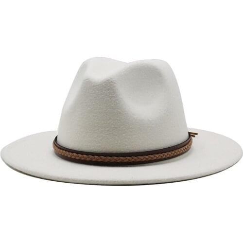 New Men Women Wide Brim Wool Felt Fedora Panama Hat with Belt Buckle Jazz Trilby Cap Party Formal Top Hat In White,black