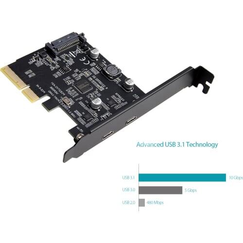 SuperSpeed USB 3.1 PCI-Express Card with Dual Reversible Type-C Ports 5V 15Pin Connector Gen 2 10 Gbps PCI Express Card 10Gbps