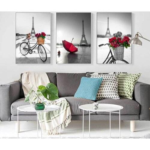 Classic Black and White Bicycle Red Umbrella Tower Ins Red Triple Nordic Decorative Painting Paris Landscape Abstract Art Poster