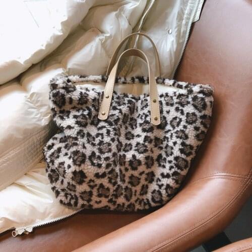 Fashion Folding Women Canvas Handbag Ladies Casual Plush Leopard Bag Solid Elastic Band Shoulder Bag Shopping Bag