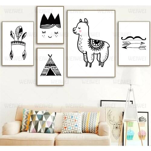 Wall Art Canvas Painting Black White Cartoon Tent Arrow Alpaca Bear Print Nordic Poster Wall Pictures Baby Kids Room Decor Weiwe