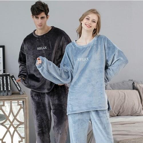 New Loose Pijama Feminino Autumn Winter Flannel Pajamas Women Long Sleeve Coral Fleece Thicken Warm Suit Couple Sleepwear Set