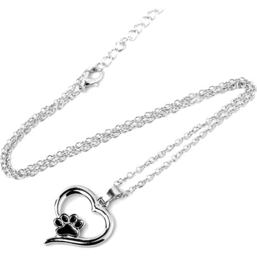 Hollow Pet Paw Print Necklaces Cute Animal Dog Cat Memorial Jewelry Pet Lover Puppy Paw Heart Charm Black Enamel Dropshipping