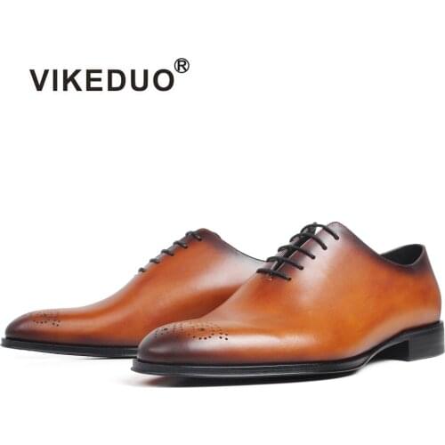 VIKEDUO Oxford Dress Shoes Mens Genuine Cow Skin Patina Custom Made Wedding Office Party Round Flat Leather Shoes Brogue Shoes