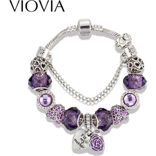 VIOVIA New Vintage Jewelry Heart Charm Bracelets For Women Purple Murano Glass Beads Bracelets & Bangles pulseras Gifts B16068