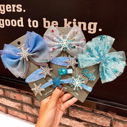 3/4pcs Bow Snowflakes Hair Clips Cute Colored Hair Accessories Baby Clips Princess Hair Clips Sweet Ice Snow Hairpin Headwear