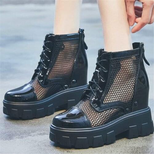 Military Punk Sandals Womens Cow Leather Platform Wedge Ankle Boots Round Toe Buckle Breathable Casual Shoes