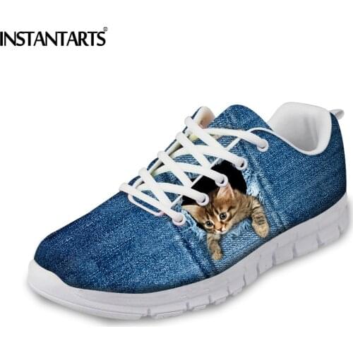 INSTANTARTS Cute Cat 3D Printed Flat Shoes Women Fashion Spring Walk Breathable Lace Up Denim Mesh Sneakers for Female Students