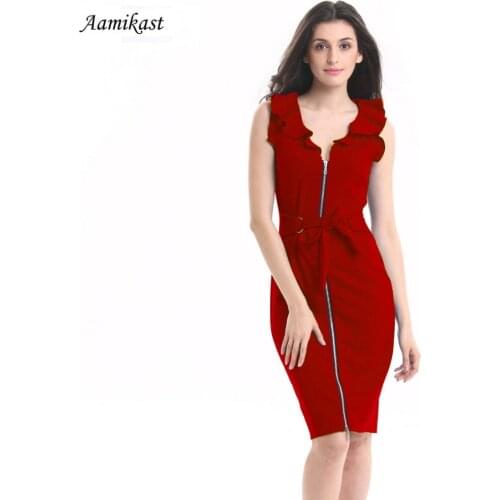 New Fashion Elegant 2019 Ruffles Collar Sleeveless Vintage Pencil Party Evening Business Women Dresses