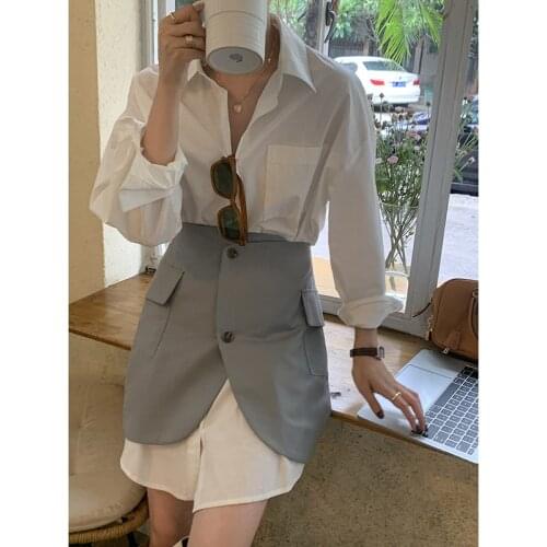 Korean Stacking Suit Women 2021 Fall Solid Color Long Sleeve Shirt+ Irregular Skirt 2-Piece Womens Dress Sets Clothing