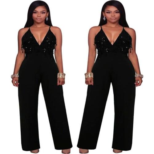 2020 Fashion Slim Sexy Women Bodycon Jumpsuits Black tassels V-Neck Spaghetti Strap Evening Club Playsuit Casual Women Suits