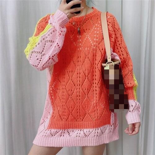 New Autumn Runway Women Hit Color Patchwork Knitwear Plus Size Long Knitted Sweaters Long-Sleeved Loose Hollow Out Pullover Tops
