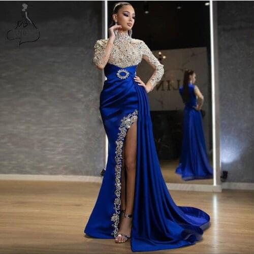 Royal Blue Arabic Dubai Prom Dresses 2020 Evening Gown High Neck Middle East Women Celebrity Party Dress With Applique Crystals