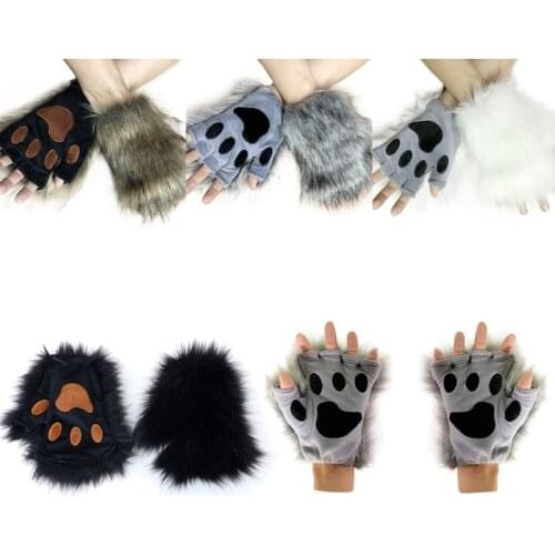 Unisex Winter Furry Warm Half Finger Gloves Cartoon Bear Paw Embroidery Fingerless Mittens Halloween Cosplay Hand Warmer