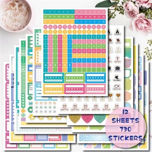 12 Sheets Planner Stickers Theme Monthly Weekly Calendar Encourage Decoration Note Stickers Planning Stationery Sticker Sheets