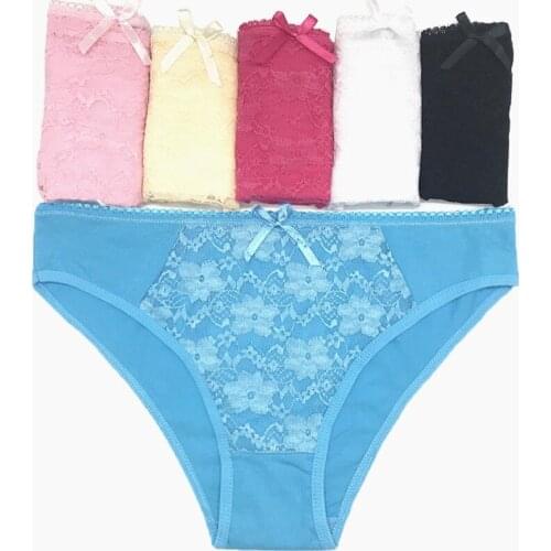 Women Cotton Underwear Panties Lace Patchwork Low Rise Briefs Transparent Panties Female Sexy M L XL 5pcs