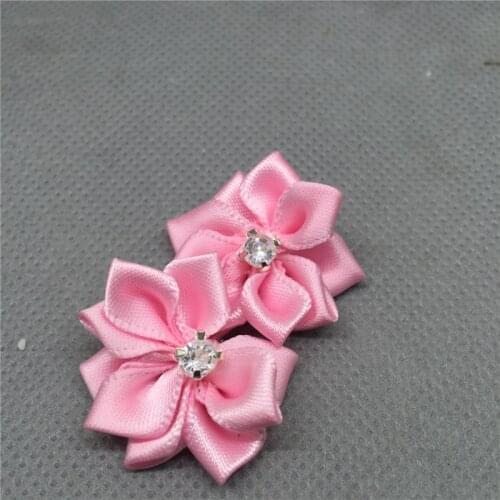 10pcs Satin Ribbon Flower with Crystal Bead Appliques pink