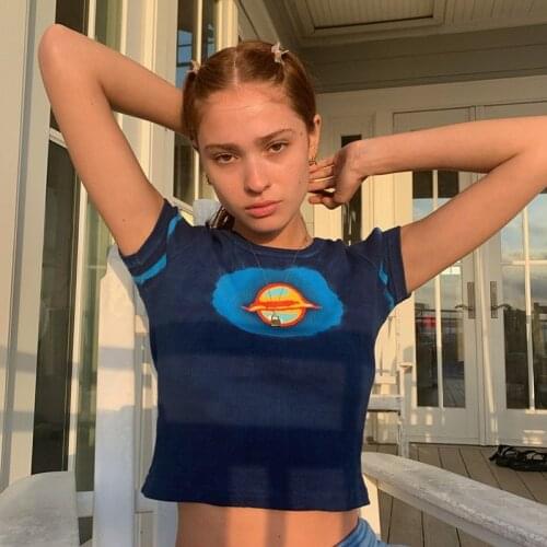 Graphics Tie Dye Printed Blue Crop Tops Summer T-shirt Women Ribbed Cotton Short Sleeve Summer Harajuku y2k E-Girls Tee Shirt