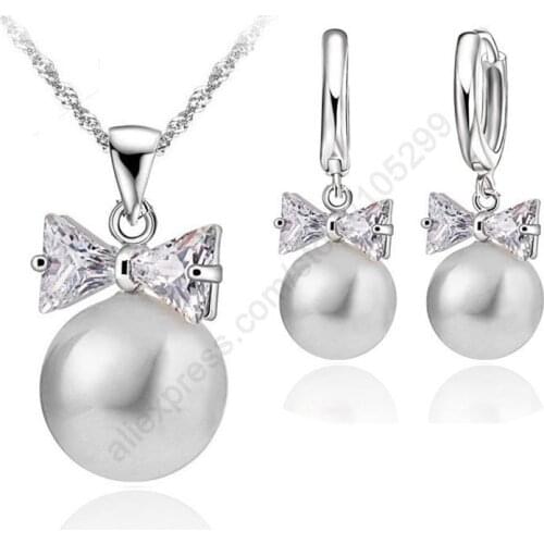 Sweet Crystal Bowknot Earrings Necklace Pearl Jewelry Set 925 Sterling Silver Hoop Earrings Necklace Set