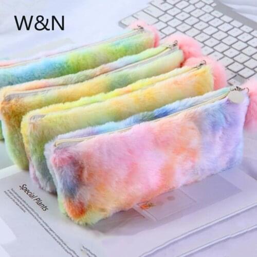 Cute Plush Rainbow Pencil Case School Pencil Case for Girls Faux Rabbit Fur Ball Makeup Storage Cosmetic Bag School Supplies