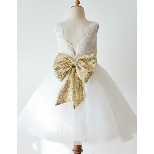 FashionMia Ivory White Appliques Tulle Bowknot Ball Gown Flower Girls Dress for Wedding Party Birthday First Communion
