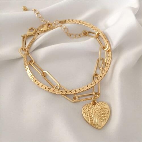 Trendy Gold Color Plating Textured Heart Charm Big Link Special Chain Layered Bracelet For Women Girl Elegant Gorgeous Jewelry