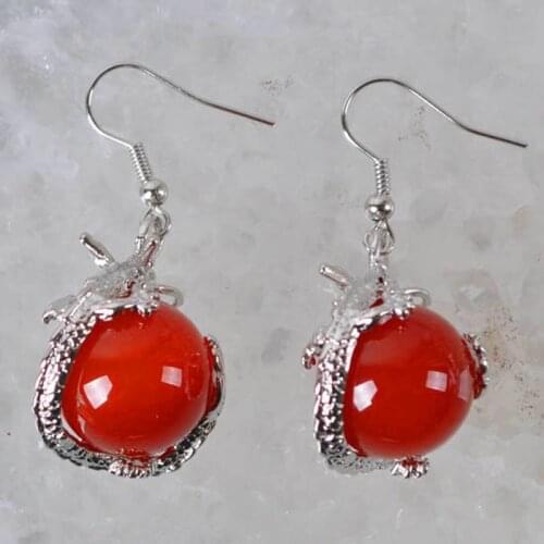 Natural Red Carnelian Bead Dragon Dangle GEM Earrings Jewelry T213